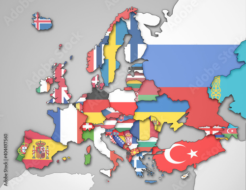 3D Europakarte mit Flaggen der Staaten (inkl. Zwergstaaten, Kaukasus und Kasachstan)