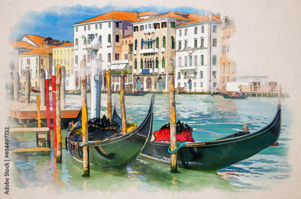 Watercolor drawing of Gondolas traditional boats moored in wooden pier dock of Grand Canal waterway in Venice historical city centre