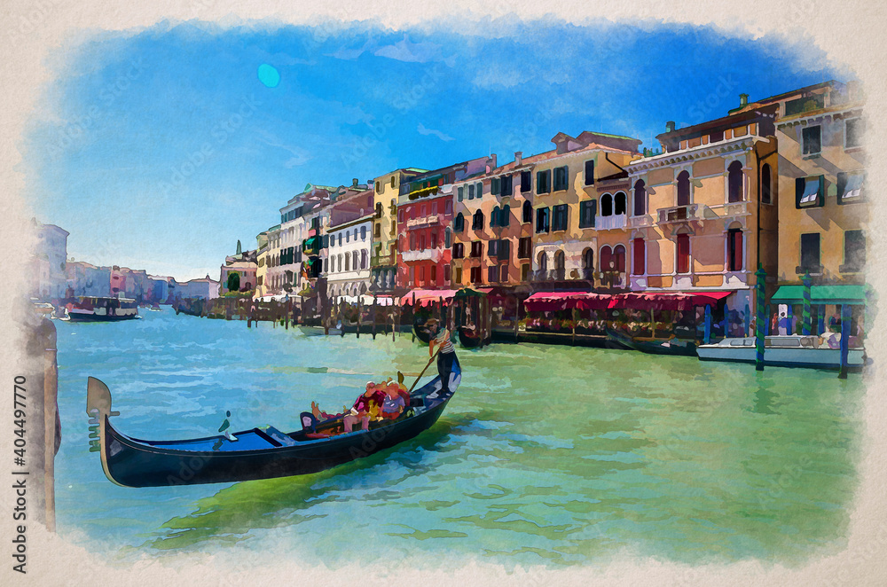 Watercolor drawing of Venice: gondolier and tourists on gondola traditional boat sailing on water of Grand Canal waterway with Venetian architecture