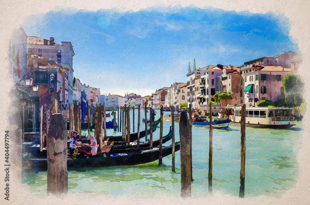 Watercolor drawing of Venice: gondolier on moored gondola traditional boat on water of Grand Canal waterway in wooden pier dock