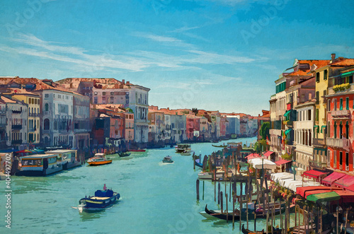 Watercolor drawing of Venice cityscape with Grand Canal waterway. View from Rialto Bridge. Gondolas, boats, vaporettos docked sailing Canal Grande