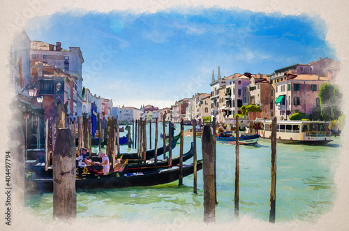 Watercolor drawing of Venice  gondolier on moored gondola traditional boat on water of Grand Canal waterway in wooden pier dock