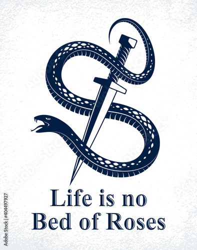 Dagger kills a Snake, defeated Serpent wraps around a sword vector vintage tattoo, Life is a Fight concept, allegorical logo or emblem of ancient symbol.