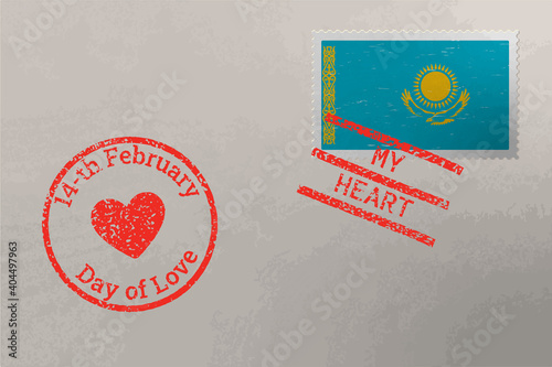 Postage stamp envelope with Kazakhstan flag and Valentines Day stamps, vector