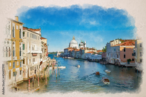 Watercolor drawing of Venice cityscape with Grand Canal waterway. Gondolas, boats, vaporettos docked sailing Canal Grande © Aliaksandr