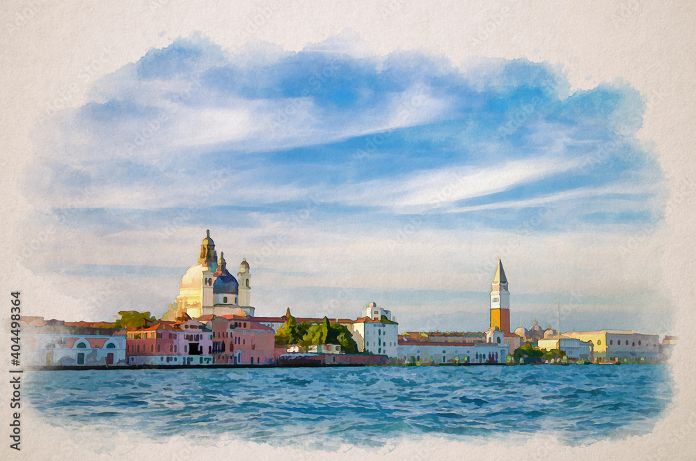 Fototapeta premium Watercolor drawing of Venice cityscape with San Marco basin of Venetian lagoon water, Santa Maria della Salute church, Campanile bell tower