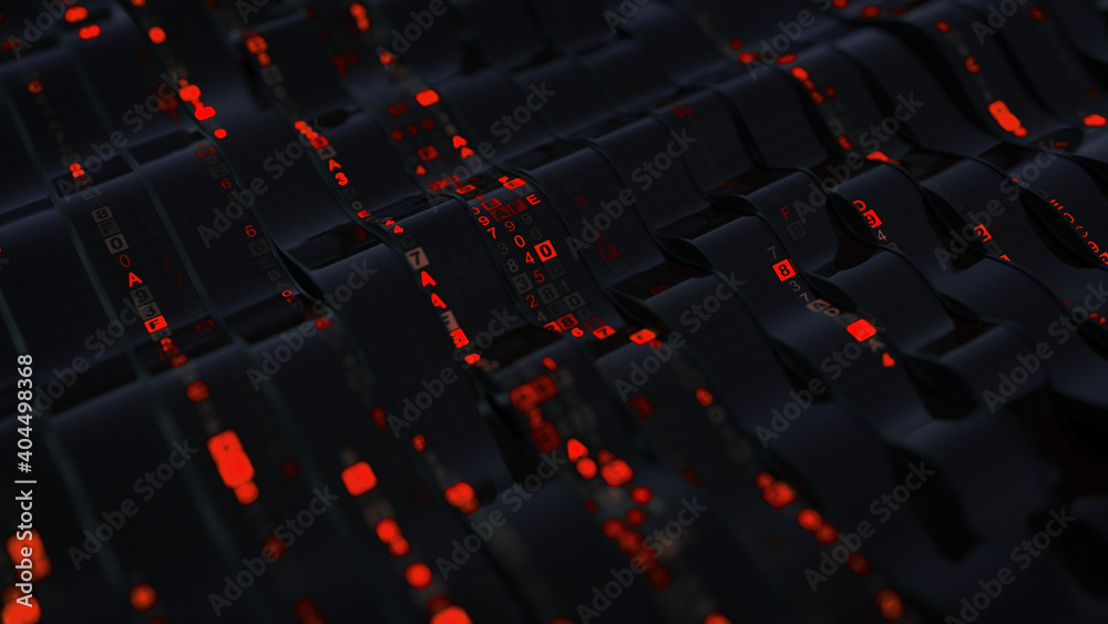 Fototapeta premium Red hexadecimal code on wavy flexible displays 3D render