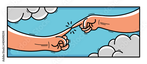 Creation of Adam cartoon style humorous illustration classical Michelangelo drawing made as funny vector drawing.