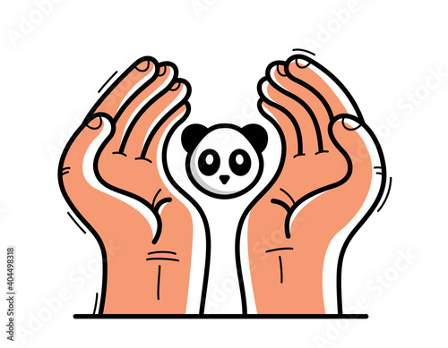 Two hands with panda bear protecting and showing care vector flat style illustration isolated on white, cherish and defense for wild animals concept, wildlife species protection.