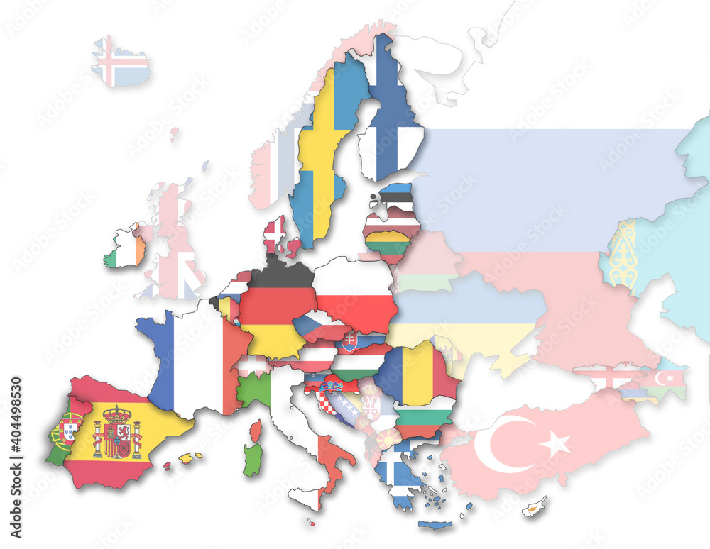 Naklejka premium 3D Europakarte inkl. Zwergstaaten und dem Kaukasus mit Flaggen der EU Staaten und restlicher Staaten (transparenter)