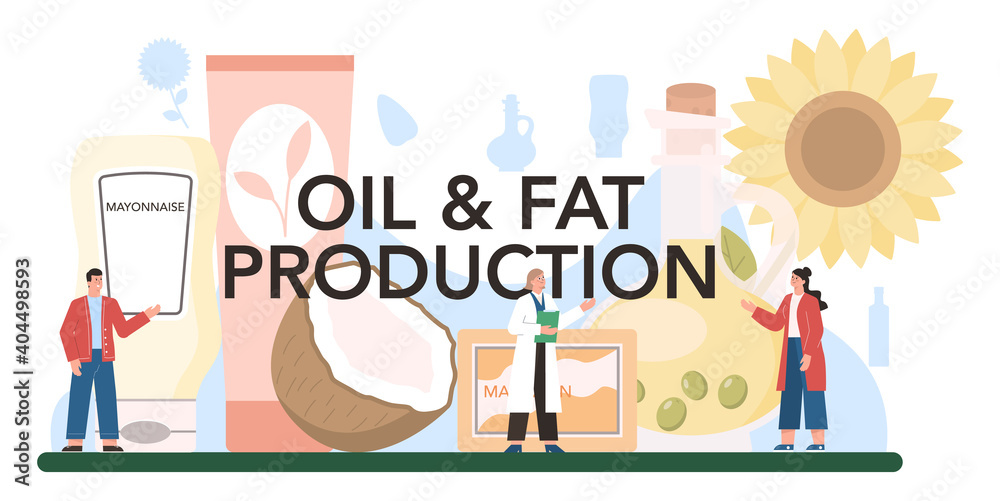 Oil production typographic header. Glass bottle of vegatable oil: cocoa,