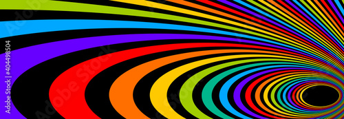 Psychedelic rainbow colored optical illusion lines vector insane art background, LSD hallucination delirium, surreal op art linear curves in hyper 3D perspective, hypnotic design.