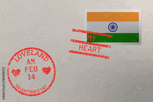 Postage stamp envelope with India flag and Valentines Day stamps, vector