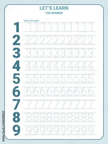 Number 1-10 tracing practice worksheet with all numbers for kids learning to count and to write. photo