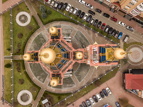 Aerial drone top view. Orthodox Church on Obolon in Kiev on a cloudy morning.