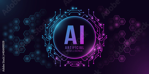 Futuristic circle banner with computer circuit board. Artificial intelligence. Motherboard connectors glow in the dark. Technological pattern of hexagons. Vector illustration