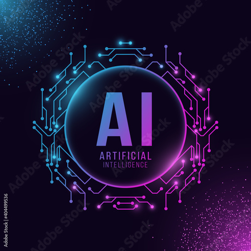 Futuristic circle banner with computer circuit board. Artificial intelligence. Motherboard connectors glow in the dark. Technological frame. Vector illustration