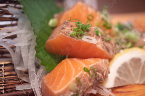 Salmon sashimi. Raw fresh and grilled salmon.