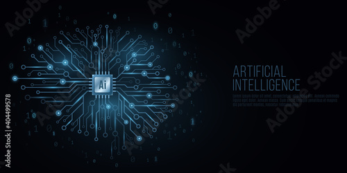 Futuristic cover for Artificial Intelligence. Cyborg technological brain. Glowing computer circuit board with a processor. Binary code. Cyber thinking. Vector illustration
