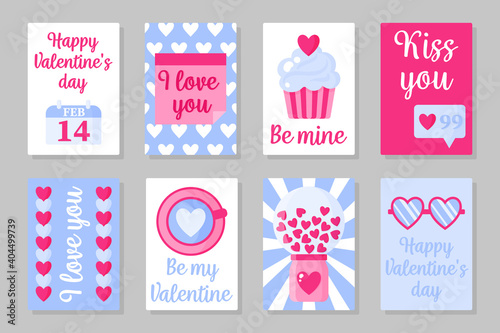 Set of pink, white and blue colored cards for Valentine's Day or wedding. Vector flat design isolated on gray background