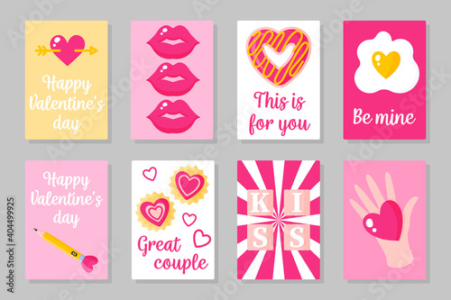 Set of pink, white and yellow colored cards for Valentine's Day or wedding. Vector flat isolated design