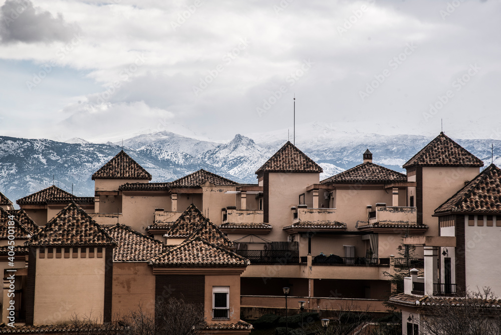 mountain residential areas and snowy landscape in southern Spain