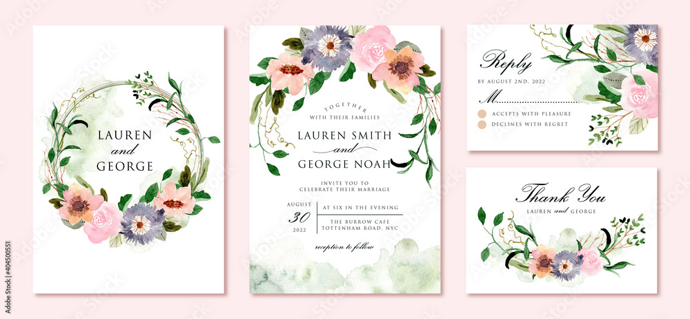 wedding invitation set with beautiful rustic floral watercolor