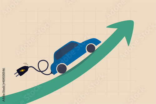 Electric car stock pice soaring, EV, electric vehicle earning and profit increase in new economy stock market concept, Electric car with plug-in cruising on rising up green stock market arrow graph.