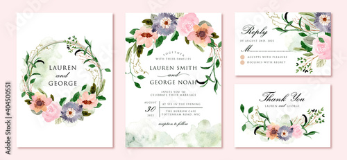 wedding invitation set with beautiful rustic floral watercolor