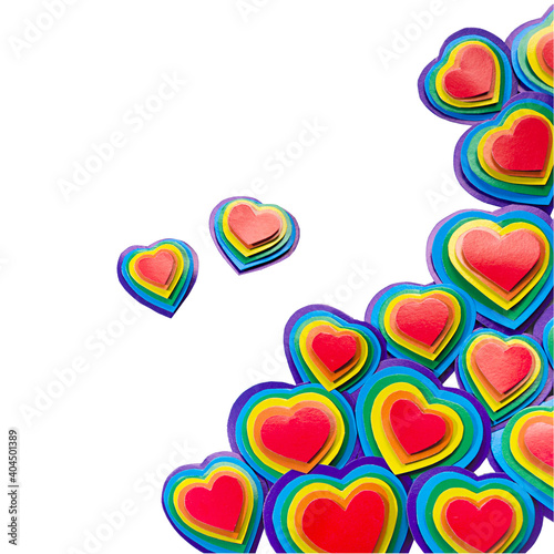 Festive lgbt Valentines day background - multicolored valentines hearts isolated on white , border, top view.