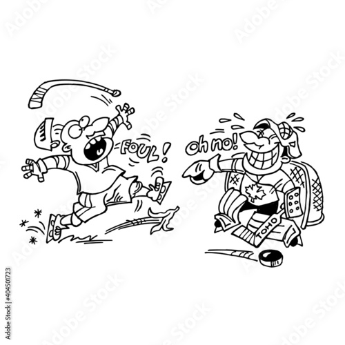 Hockey striker slipped on banana peel and goalkeeper laughs at him  attacks and fouls  winter sport joke  black and white cartoon