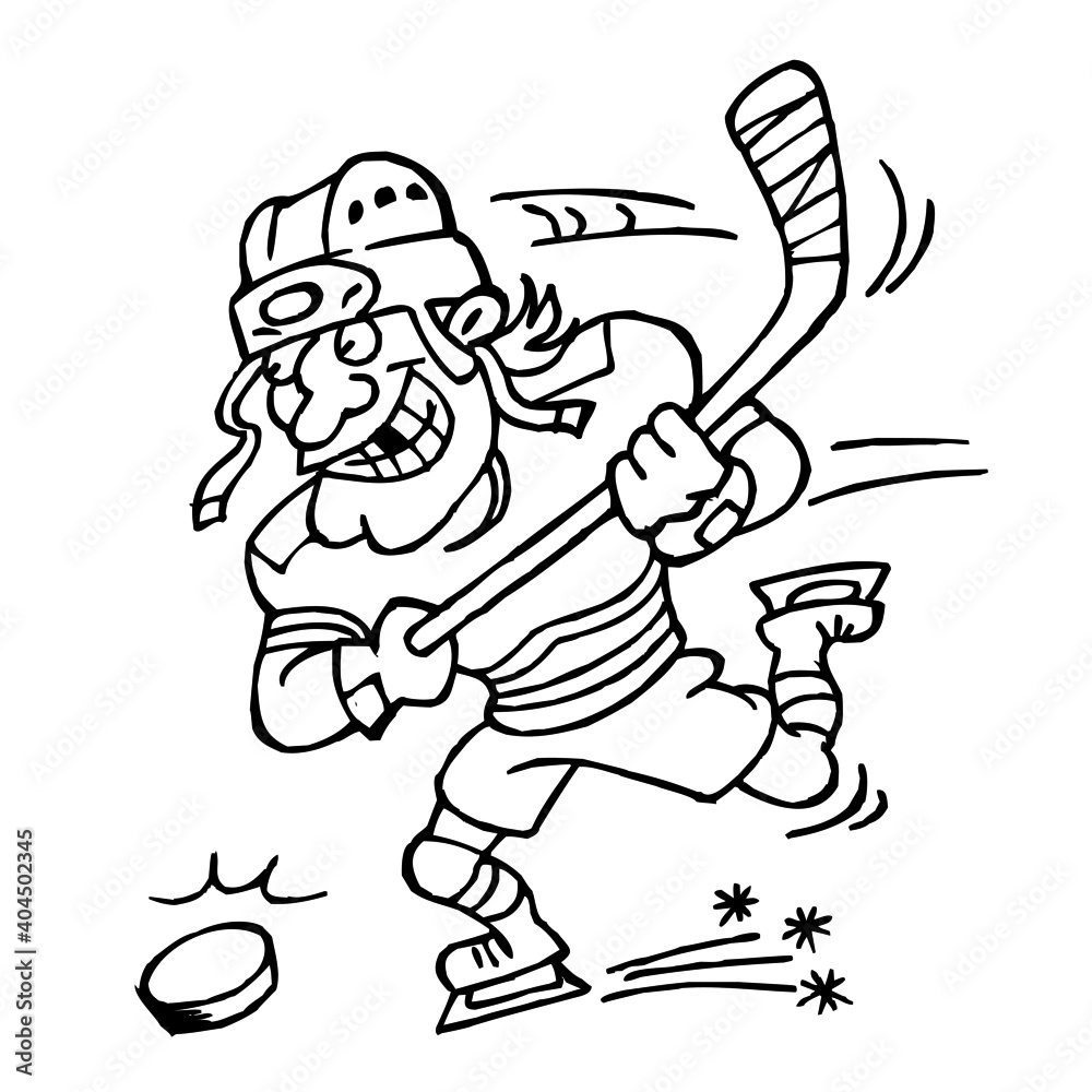 Obraz premium Hockey striker with knocked out tooth shoots a goal, sport is fun, winter sport joke, black and white cartoon