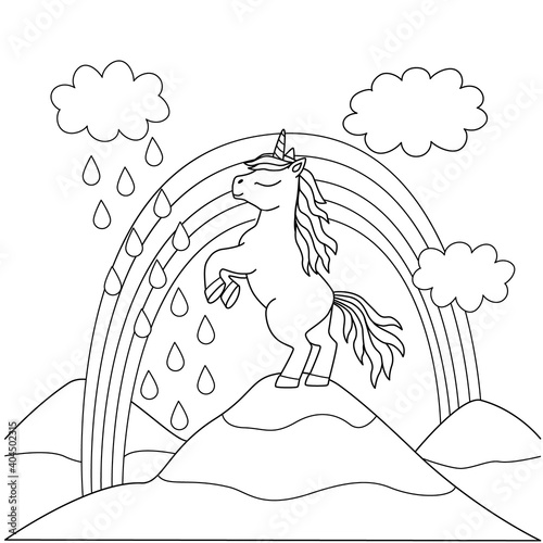 Coloring book for kids with a beautiful unicorn on top of a mountain. Cute pony horse on its hind legs, rainbow and clouds. Childrens drawing, sketch, simple contours. Cartoon vector illustration.