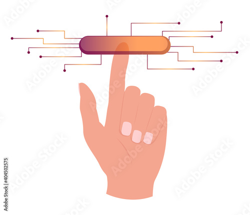Hand touching, pressing or pointing a button with index finger. Isolated vector illustration on white background.	