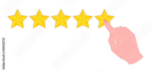 Female hand clicking on the fifth star to give rating. Colored vector illustration in flat design	
