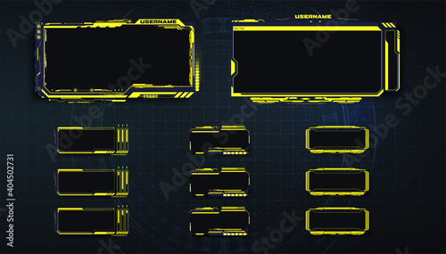 Streaming panel overlay design template. Set of yellow gaming panels and overlays for cybersport streamers in futuristic style. Vector Illustration