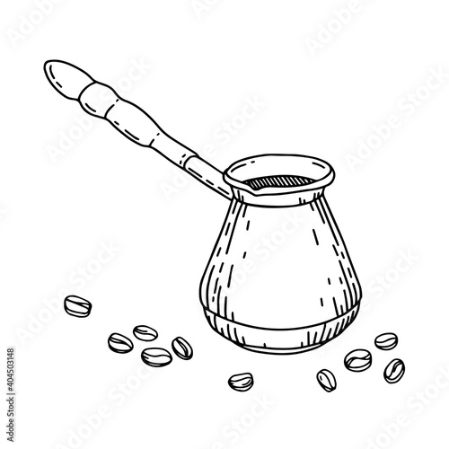Cezve with coffee beans in sketch hand drawn style isolated on a white background. Turkish pot. Turk for making coffee. Morning routine.