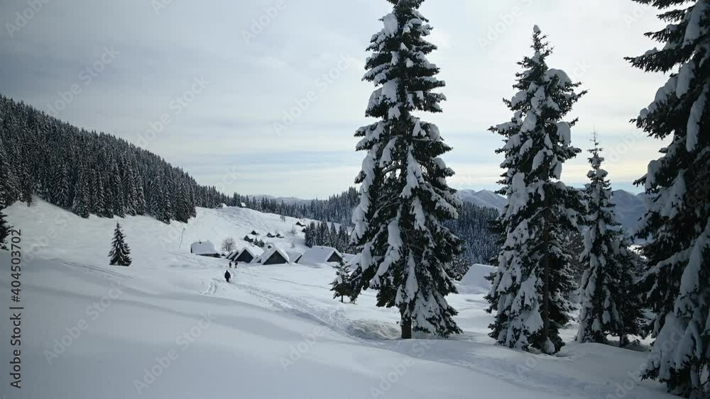 People walking on snowy landscape in Slovenia. Beautiful Alpine settlement covered in snow. Spruce trees growing on Pokljuka plateau. Zajamniki village in winter season. Static shot, real time People walking on snowy landscape in Slovenia. Beautiful Alpine settlement covered in snow. Spruce trees growing on Pokljuka plateau. Zajamniki village in winter season. Static shot, real time