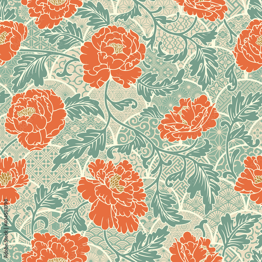 Peony flowers with traditional Japanese fabric motifs patchwork abstract vector seamless pattern