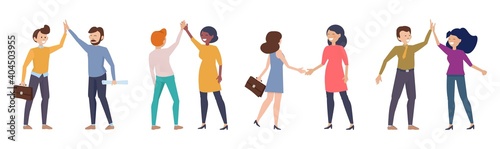 Business people greetings. Happy professionals high five, flat woman man meeting vector illustration. Cooperation and occupation businesspeople
