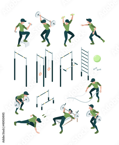 Street workout. Outdoor gymnastic sport accessories for playground horizontal bars vector isometric athletes people. Motion and stretching, man 3d isometric in sportswear illustration