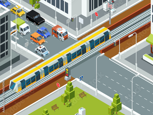 Railway crossing isometric. Trains cars rails traffic barrier stations vector background. Railway train crossing road traffic with vehicle illustration