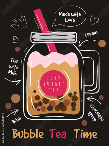 Bubble tea poster. Print cafe menu design with funny text typography placard plastic cold delicious drink fresh tea vector. Tapioca cocktail, smoothie summer milk boba illustration