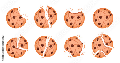 Bitten cookies. Tasty crumble dessert vector chipped cookies collection. Illustration bake oatmeal with chocolate to breakfast