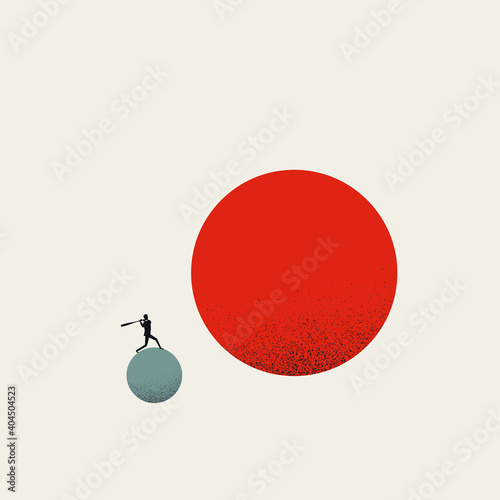 Business challenge and overcome vector concept. Businessman with baseball hitting huge ball.