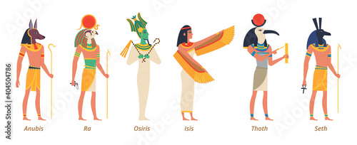 Egypt gods. Ancient authentic characters fairytale history sculptures pharaon jackal anubis birds osiris isis vector gods. Illustration character history egypt gods osiris and thoth, seth and isis photo