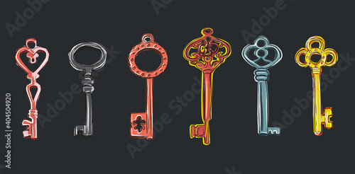 Beautiful bronze and gold decorative antique keys. Interior and decor. Vector isolated image.