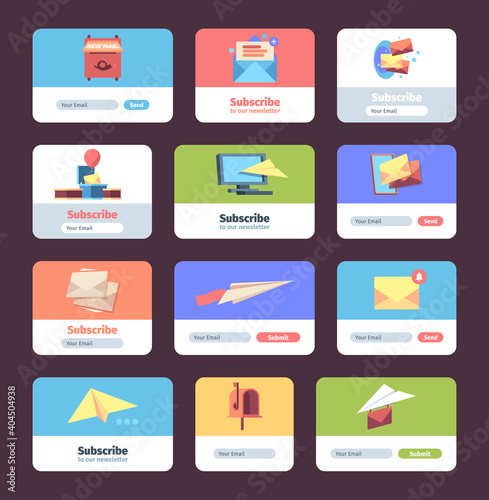 Subscribe forms. Web box design template for user subscribers signing up layout garish vector illustrations. Subscribe webmail to user application, signing form