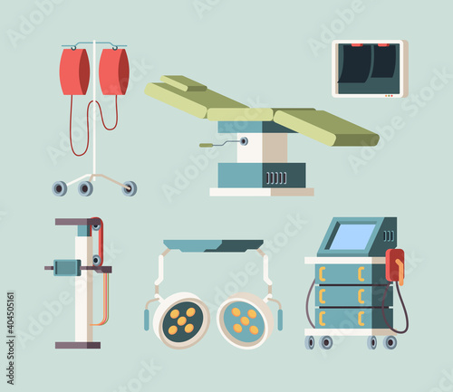 Hospital equipment. Medical items ambulance technology tomography dentistry ultrasound machines garish vector flat illustrations. Medical equipment, x-ray and ct