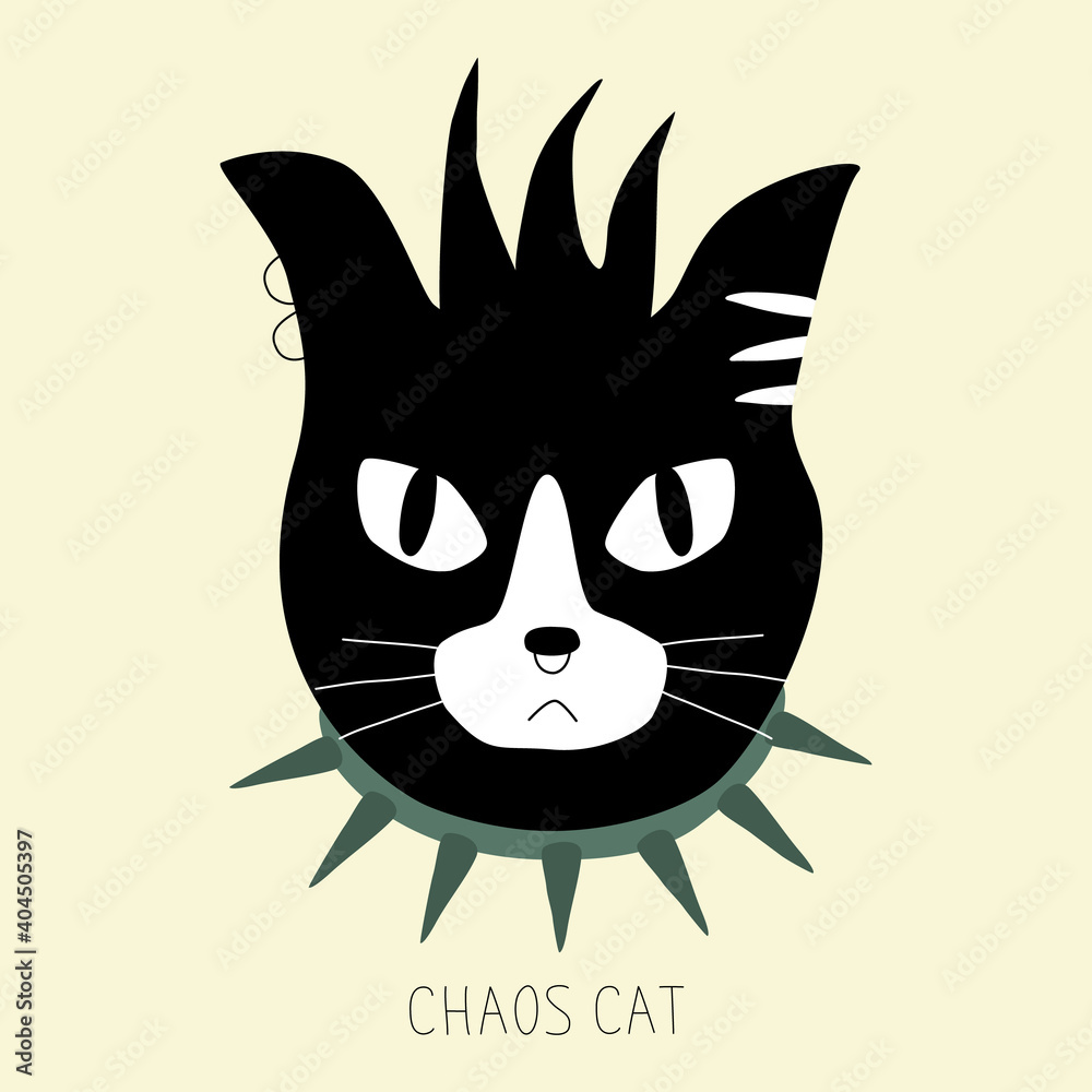 Black and white punk cat with collar. Head of angry black cat with punk hair. 